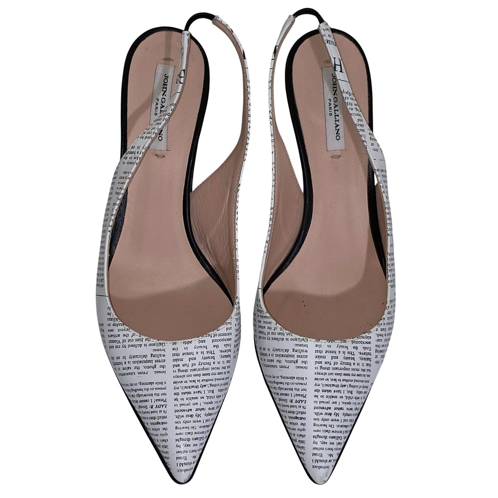 John Galliano Paris Newspaper Print Slingback Heels Womens 9.5 White Black EUC - Picture 5 of 12